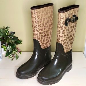 Michael Kors | Green and Brown Rubber and Canvas Rainboots Sz 7M